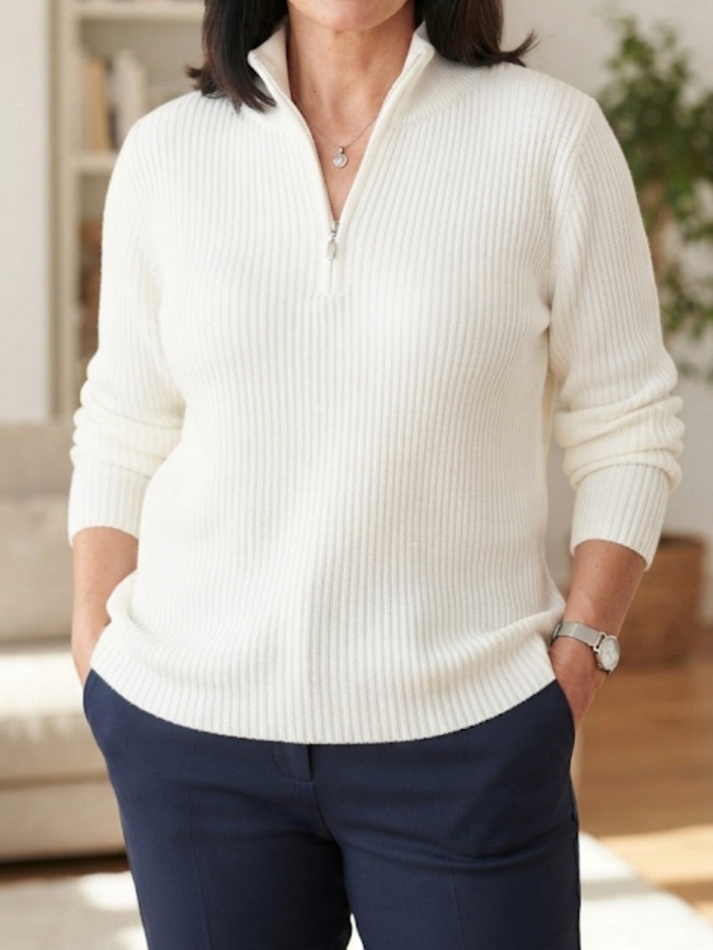 Jessica London Ivory Ribbed Quarter Zip Sweater Plus Size 30/32